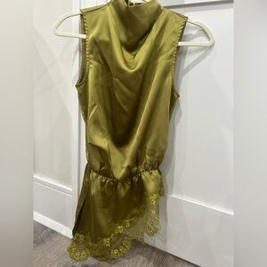 Olive Satin Slip Top with Lace Trim